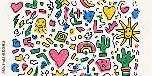 Colorful Random Illustrations Seamless Pattern on White Background, Abstract Creative Graphics Collection, Modern Art Design Elements for Wallpaper Textile Print