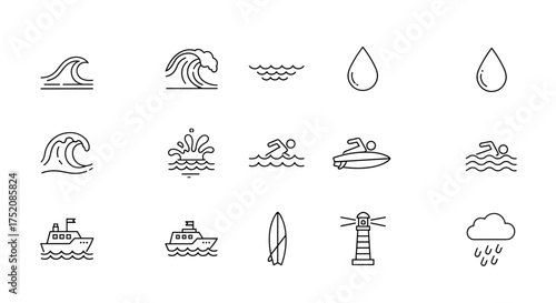 Set of linear water and ocean icons - waves, splash, water drops, swimmer, motorboat, yacht, surfboard, lighthouse, rainy cloud. Marine sports, weather, nautical theme elements.