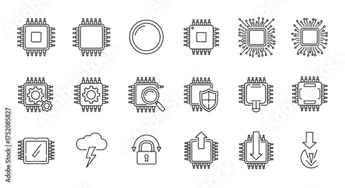 Microchip line icon set. CPU, processor and computer hardware technology. Semiconductor components, data processing, cloud computing, and cybersecurity vector pictograms.