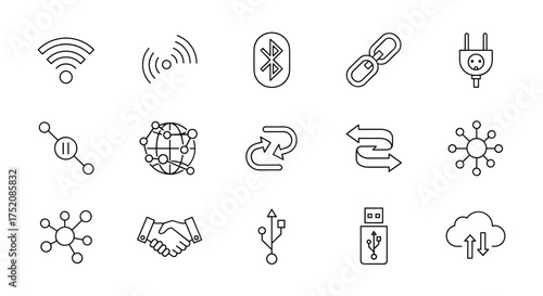 Big set of connectivity and technology line icons. Vector symbols for internet, data transfer, network communication. Wifi, bluetooth, usb, cloud, link, global connection.