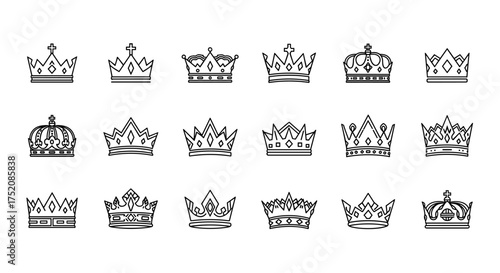 Crown icon set line art collection. Royal king and queen symbol. Luxury, power, and monarchy concept. Vector heraldry element for logo design. Majestic medieval tiara emblem.