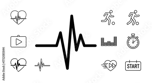 Set of icons for sports, health monitoring. Heartbeat, EKG, ECG pulse line. Includes soccer player, stopwatch, start button, and media player symbols. Concept for fitness.