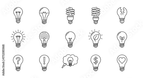 Big set of light bulb line icons. Metaphor for idea, innovation, creativity, problem solving. Includes CFL, LED, glowing, broken, eco leaf, question, dollar, heart symbols.