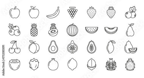 Fruit icon collection in a simple thin line art style. Vector set of fresh organic fruits for healthy food, diet, and nutrition concepts. Includes apple, berry, avocado, and tropical fruits.