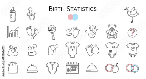 Birth statistics and baby icons collection. Vector line art set with baby bottle, pacifier, footprints, teddy bear, baby clothes, calendar, gender symbols, and growth chart.