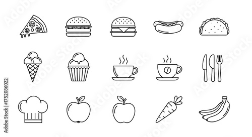 Food and drink icon set. Vector line art symbols for restaurant menu, fast food, healthy eating, dessert, and cooking. Pizza, burger, apple, coffee, and more icons collection.