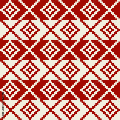 A traditional seamless geometric pattern with red ethnic motifs and diamond shapes on a light background, embodying cultural heritage and timeless design concepts