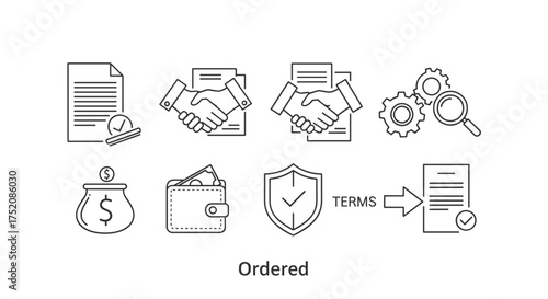 Business contract and agreement icon set. Line icons for terms and conditions, financial deal, partnership handshake, payment security, and legal document analysis vector.