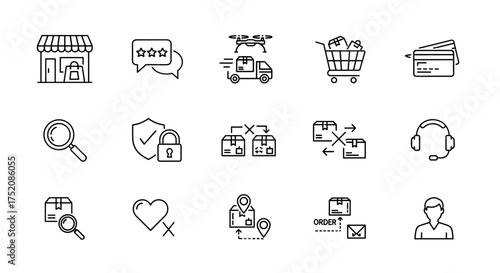 E-commerce line icon set. Online shopping vector collection. Includes store, cart, delivery, payment, review, security, tracking, customer support, and package return icons.