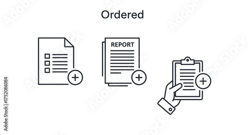 Business document and report icon set. Add new file, checklist, or task list. Hand holding clipboard. Paperwork management and file organization concepts. Thin line vector.