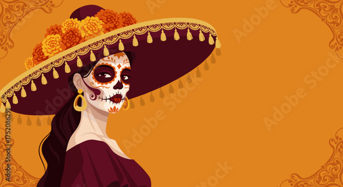 Female character with traditional skull makeup wearing sombrero  
