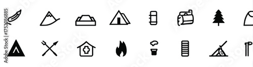 Camping and outdoor adventure vector icon set for vacation trip symbols and elements