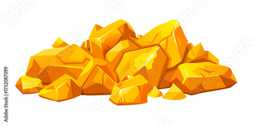 Gold rock stones. Cartoon golden rocky mine nuggets, metal ore. Gem stones, jewels treasure for games UI design. Shiny amber crystals, magic minerals pile, gemstones vector isolated se