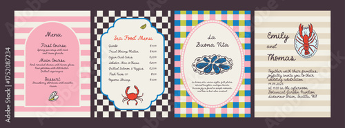 Whimsical hand drawn sea food poster and menu template in trendy whimsical style. Perfect doodle for quirky italian dinner  restaurant and cafe, kitchen wall art, poster,  party, birthday, sign