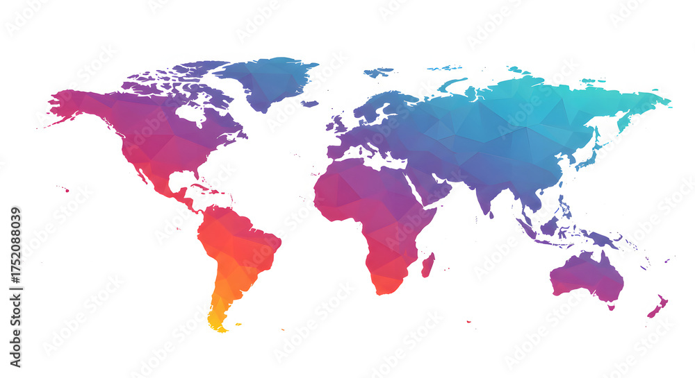 Fototapeta premium A colorful, low-polygon world map illustration showcasing continents with a gradient of vibrant hues from orange and red to purple and blue.