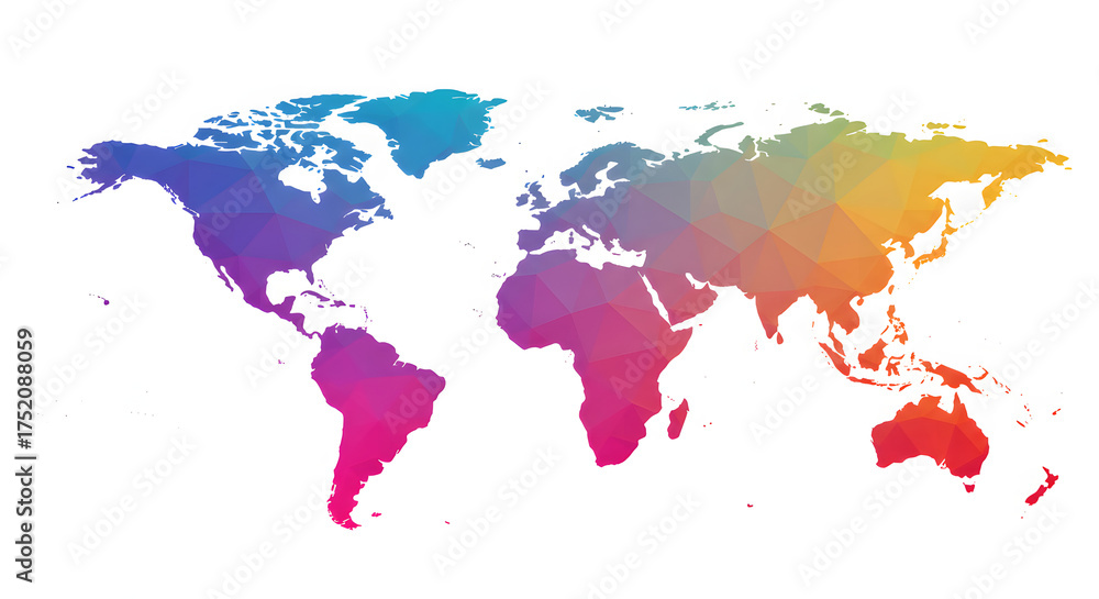 Fototapeta premium A vibrant, abstract world map illustration with continents rendered in a colorful, polygonal gradient, showcasing a global perspective against a clean white background.