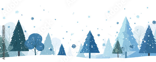 Charming winter landscape with snowy trees and gentle snowfall creating a festive atmosphere perfect for holiday season