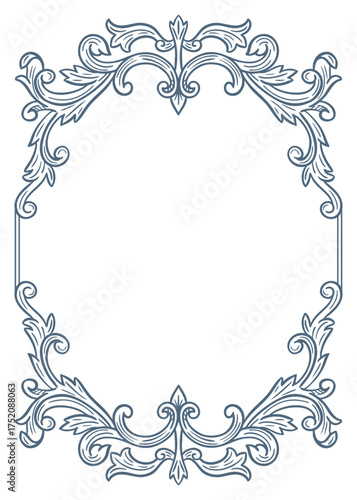 Elegant floral Baroque frames in blue tones. Hand-drawn minimalist line art vector design with elegantand royal ornaments . Perfect for invitations, wedding monogram, logos, and classic prints