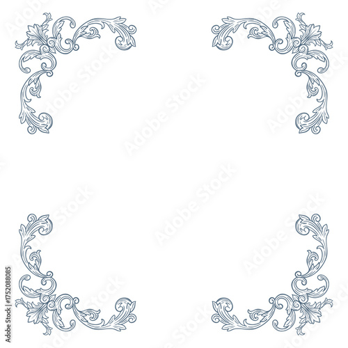 Elegant floral Baroque corners in blue tones. Hand-drawn minimalist line art vector design with elegant and royal ornaments . Perfect for invitations, wedding monogram, logos, and classic prints