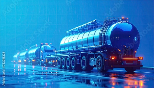 Modern tanker truck convoy driving on wet road with blue lighting.