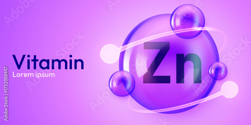 Abstract concept of Vitamin Zn in a glowing purple sphere. Essential mineral for health. Vector illustration.