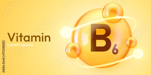Vitamin B6 supplement concept with glossy yellow spheres and molecular structure. Vector illustration
