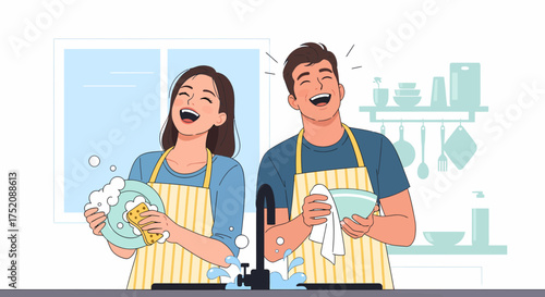 Couple Laughing And Washing Dishes Together In Kitchen