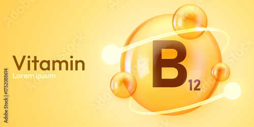 Vitamin B12 supplement concept with glossy yellow spheres and molecular structure. Vector illustration