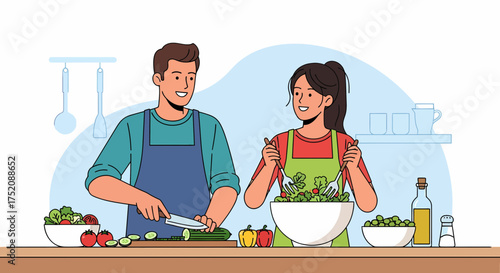 Couple Preparing Fresh Salad Together At Home In Kitchen