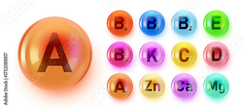 Colorful vitamin and mineral supplement capsules. Essential nutrients for a healthy lifestyle. Vector illustration