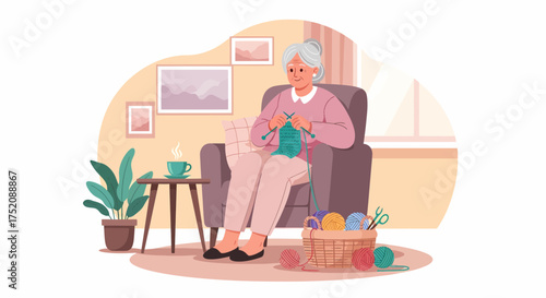 Grandma Knitting Cozy Comfort Illustration Leisure Hobby Relaxation Home