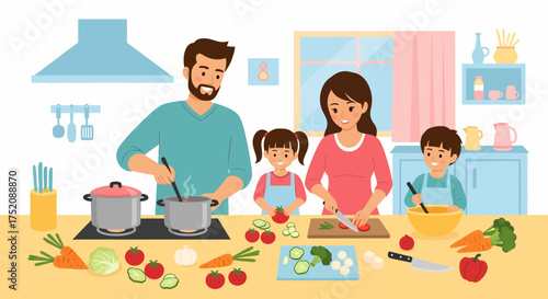 Happy Family Cooking Together Healthy Meal In The Kitchen