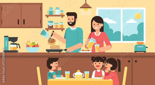 Happy Family Enjoying Breakfast Together At Home In The Morning