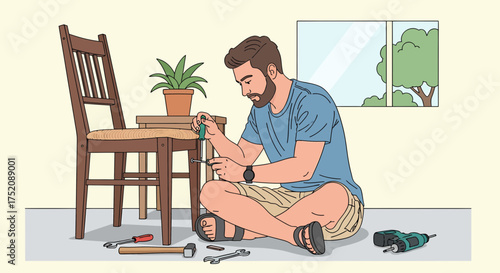 Man Doing Diy Project Restoring Wooden Chair At Home
