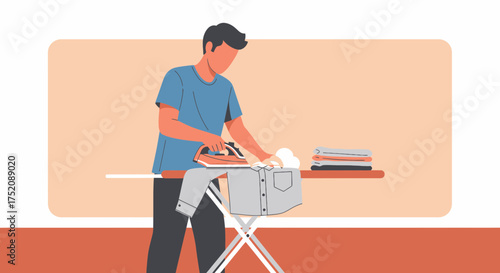 Man Ironing Clothes At Home For Household Chores Activity