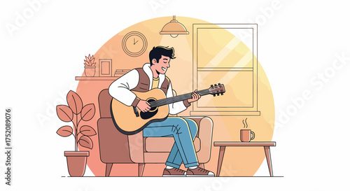Man Playing Guitar Relaxing At Home In Comfortable Illustration