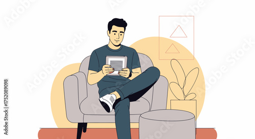 Man Relaxing On Armchair With Digital Tablet At Home Illustration