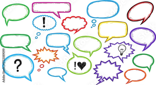 A vibrant collection of hand-drawn, colorful speech and thought bubbles with various symbols on a white background, representing communication and ideas.