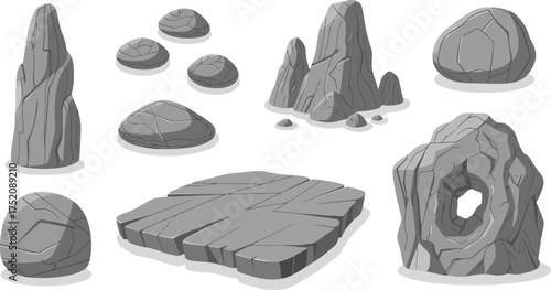 A collection of various gray rocks and stones with different textures and shapes, including a flat stone slab and a rock with a hole.