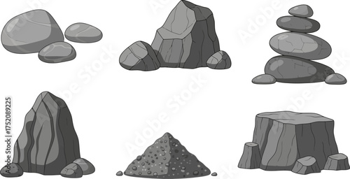 A collection of six different grayscale illustrations showing various types of rocks, stones, and a pile of gravel.