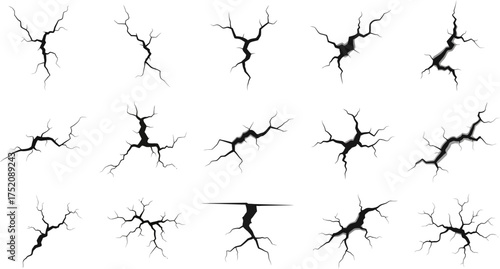 A collection of various black crack patterns on a white background, depicting damage or breakage.