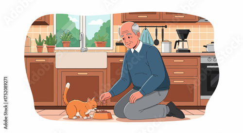 Senior Man Feeding His Ginger Cat Inside Cozy Kitchen Scene