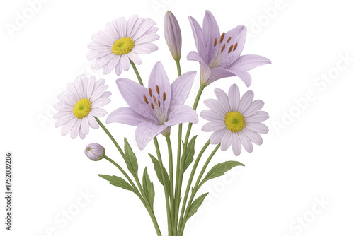 Watercolor bouquet featuring purple lilies and white daisies, blooming floral design with transparent background