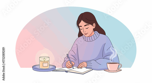 Cozy Evening: A Woman Writes In Her Journal With Coffee And Candlelight