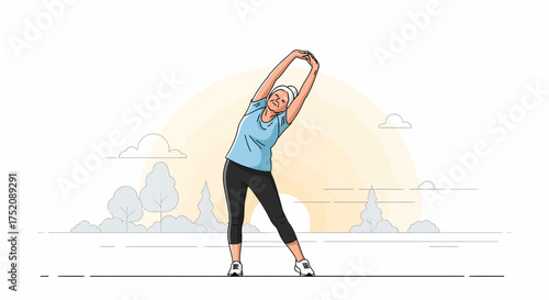 Senior Woman Stretching Outdoors Under A Morning Sun, Healthy Lifestyle
