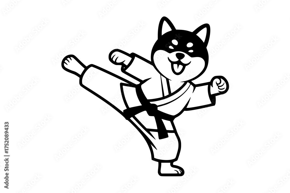 Fototapeta premium Cheerful Shiba Inu in Karate Uniform Mid-Kick Cartoon Vector Generative AI