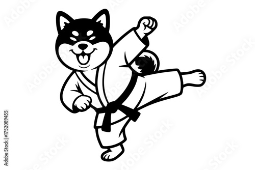 Cheerful Shiba Inu in Karate Uniform Mid-Kick Cartoon Vector Generative AI