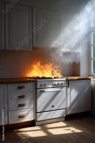 Kitchen stove with large flames and smoke rising. Fire hazard and emergency situation. Home safety concept for awareness.