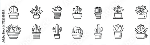 Collection of house plants in pots line art vector illustration concept for design element
