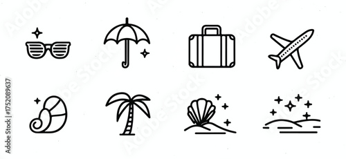 Collection of minimalist icons showcasing travel tourism and vacation related items featuring a plane sunglasses and palm tree